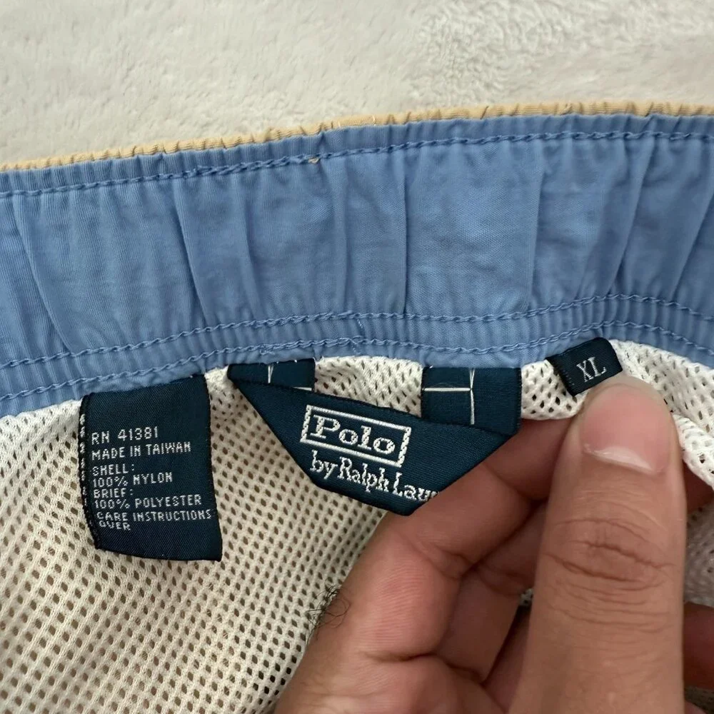 Polo Ralph Lauren Shorts Mens L Beige Swim Trunks Cargo Pocket Elastic Waist